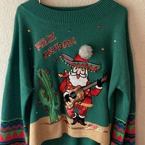 Holiday Time Ugly Christmas Sweater Feliz Navidad Santa Claus size large